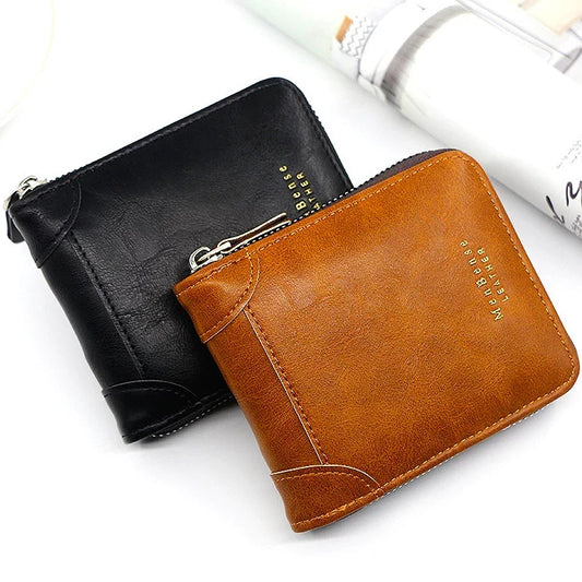 2026 Men's Compact Bifold Wallet - Oil Wax PU Leather Multi-Card Holder with Zipper Coin Pocket